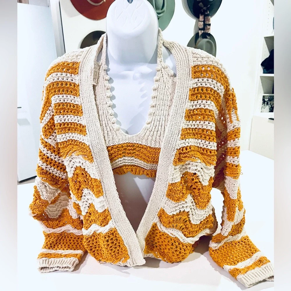 Zara open knit crochet sweater and crop top set in cream and orange size S